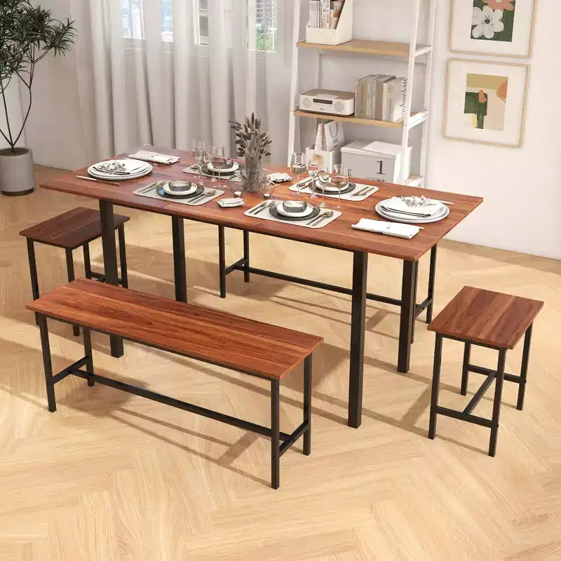 Ensemble de salle à manger 5 pièces Costway pour 4 à 6 personnes avec 2 bancs et 2 tabourets, cadre métallique, couleur noyer