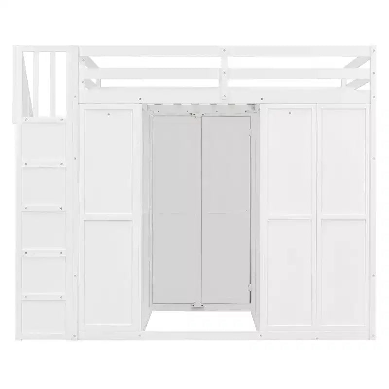 Lit mezzanine moderne pleine grandeur Luxystar avec armoire, bureau, étagères et panneaux de porte pliants