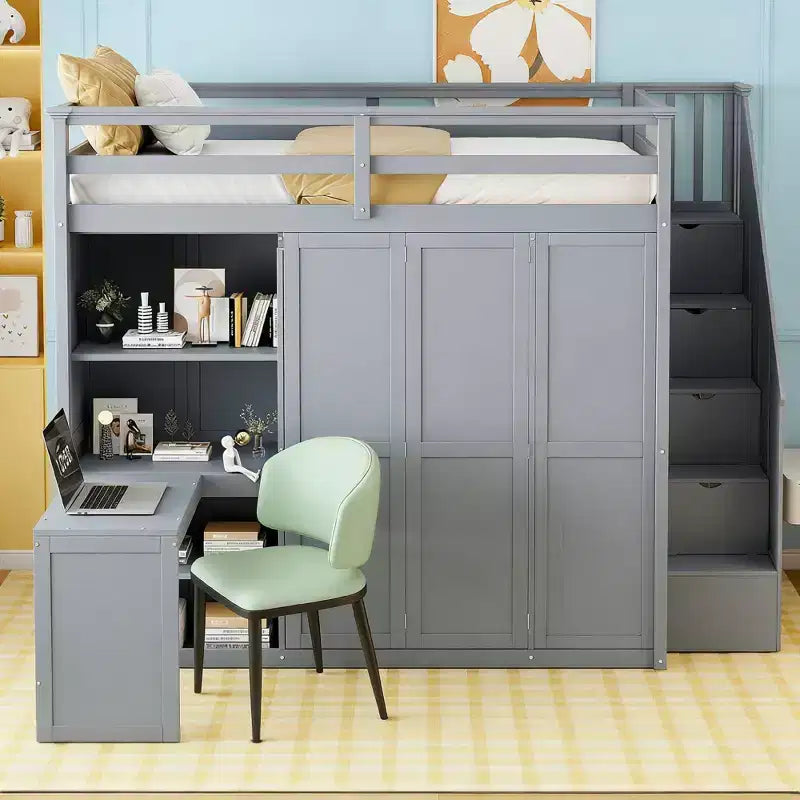 Lit mezzanine moderne pleine grandeur Luxystar avec armoire, bureau, étagères et panneaux de porte pliants