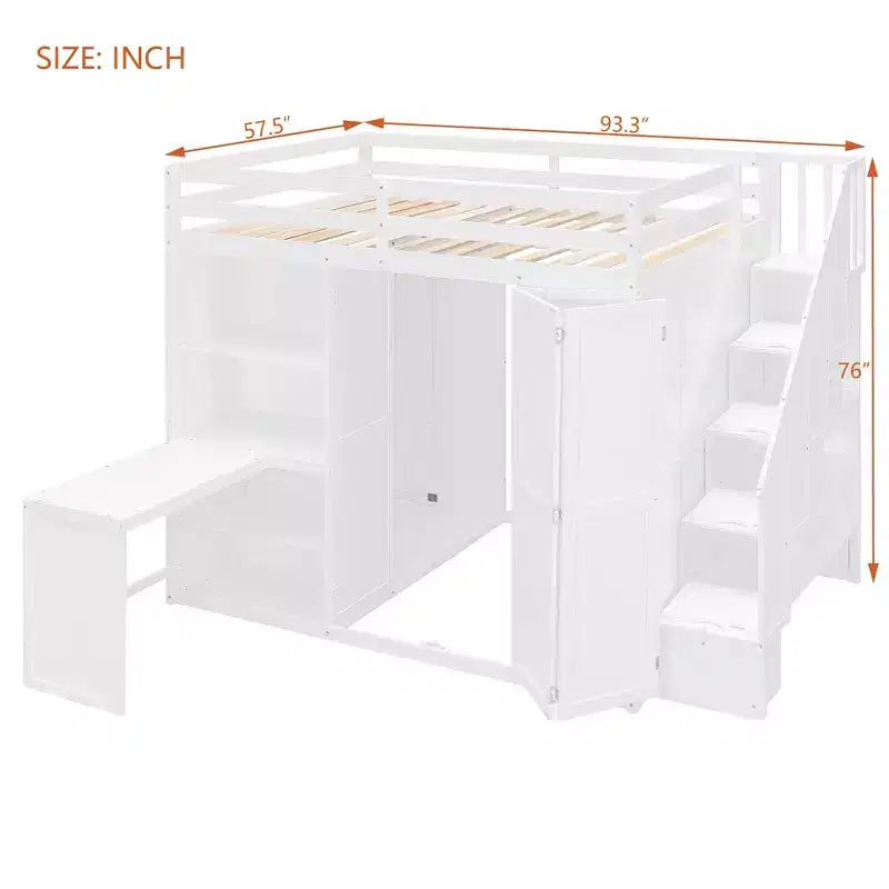 Lit mezzanine moderne pleine grandeur Luxystar avec armoire, bureau, étagères et panneaux de porte pliants