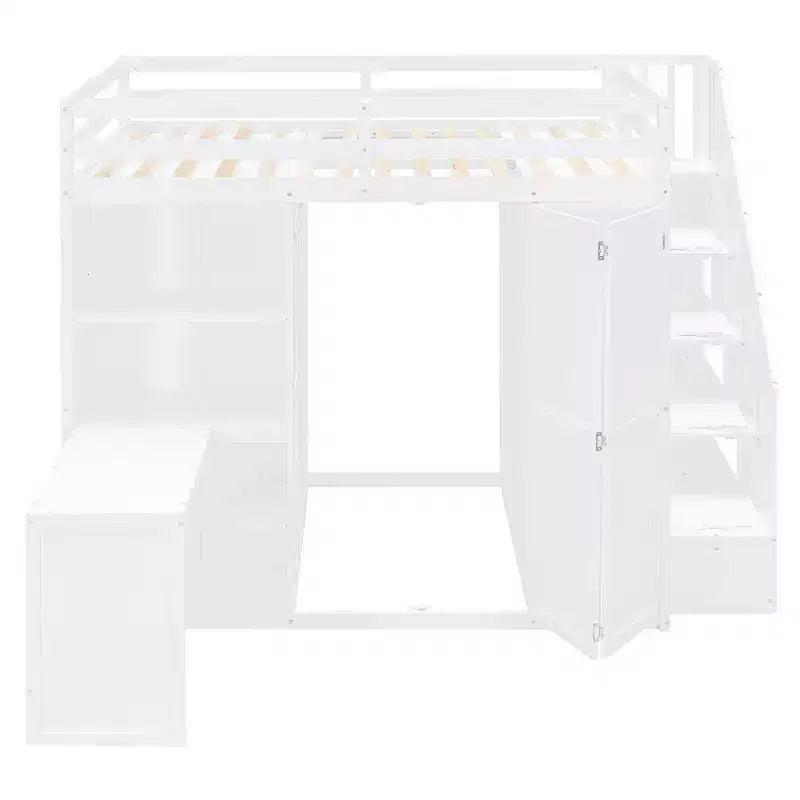 Lit mezzanine moderne pleine grandeur Luxystar avec armoire, bureau, étagères et panneaux de porte pliants