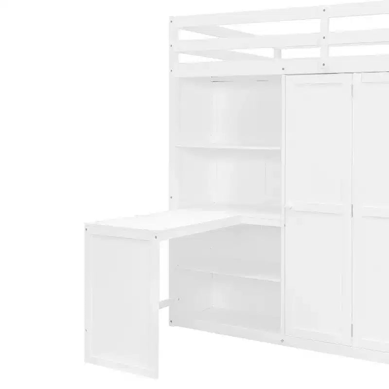 Lit mezzanine moderne pleine grandeur Luxystar avec armoire, bureau, étagères et panneaux de porte pliants
