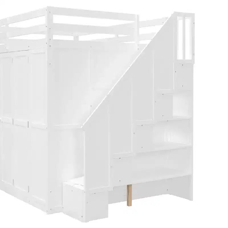 Lit mezzanine moderne pleine grandeur Luxystar avec armoire, bureau, étagères et panneaux de porte pliants
