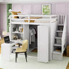 Lit mezzanine moderne pleine grandeur Luxystar avec armoire, bureau, étagères et panneaux de porte pliants