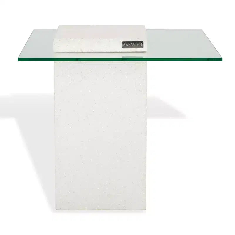 Table d'appoint Sophibeth en béton et verre - Intérieur/Extérieur - SFV2610 - Ivoire/Transparent - Safavieh Couture