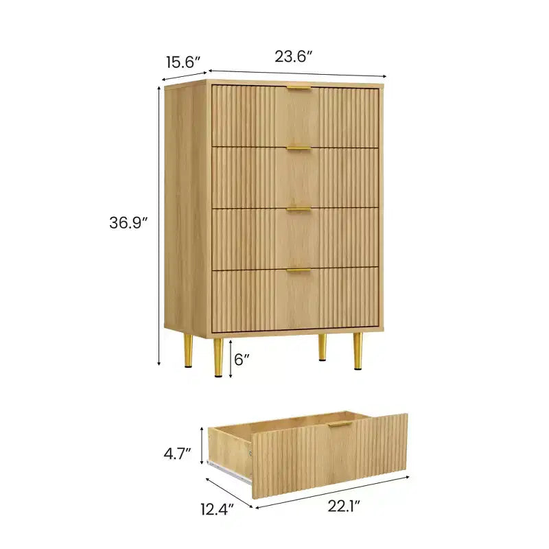 Commode de rangement à 4 tiroirs avec poignées métalliques vintage, Commode profonde pour chambre à coucher, salon, couloir et entrée