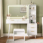 Coiffeuse avec miroir, 5 tiroirs, 3 étagères, plateau en verre, ensemble de table de maquillage pour chambre à coucher, salon