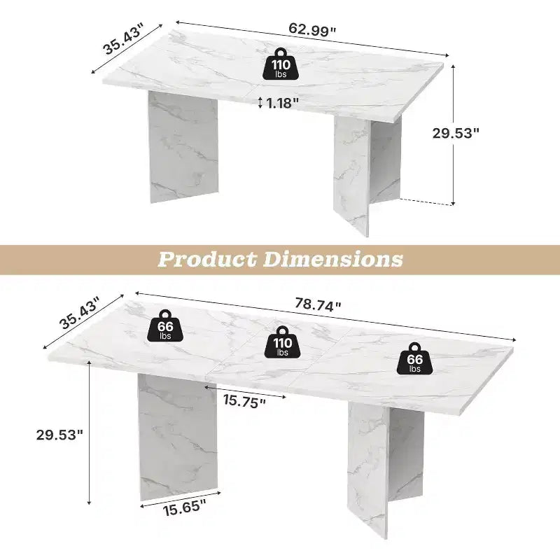 MooxvMoo 63-78.7 Table de salle à manger extensible, design ferme en bois avec glissière coulissante fluide et base robuste, polyvalente pour cuisine, salon, blanc