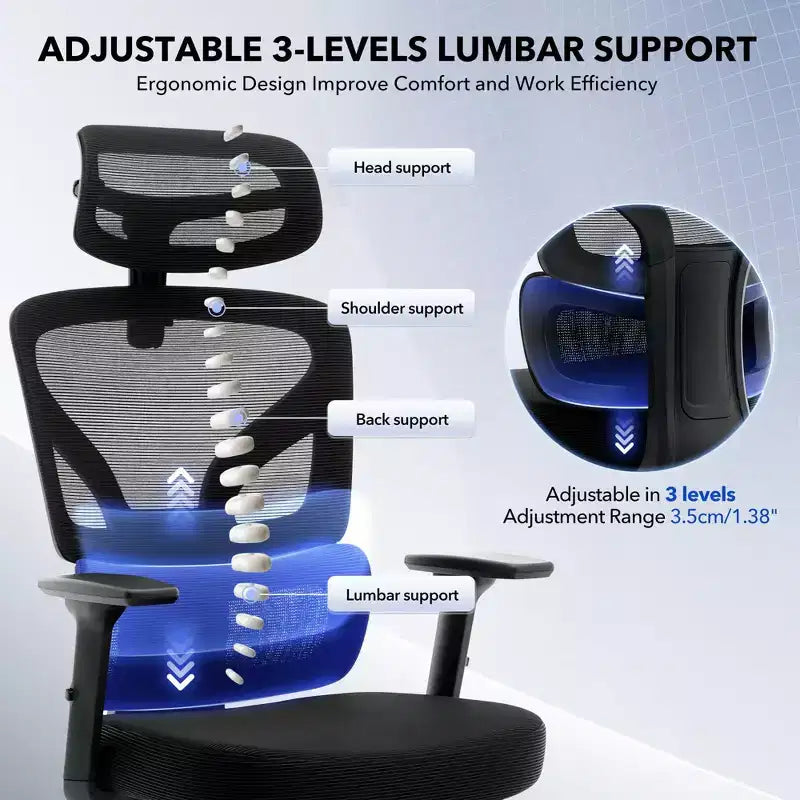 Chaise de bureau ergonomique - Chaise de bureau en maille avec support lombaire, chaise de jeu d'ordinateur à dossier haut avec appuie-tête, chaises de travail pivotantes à roulettes