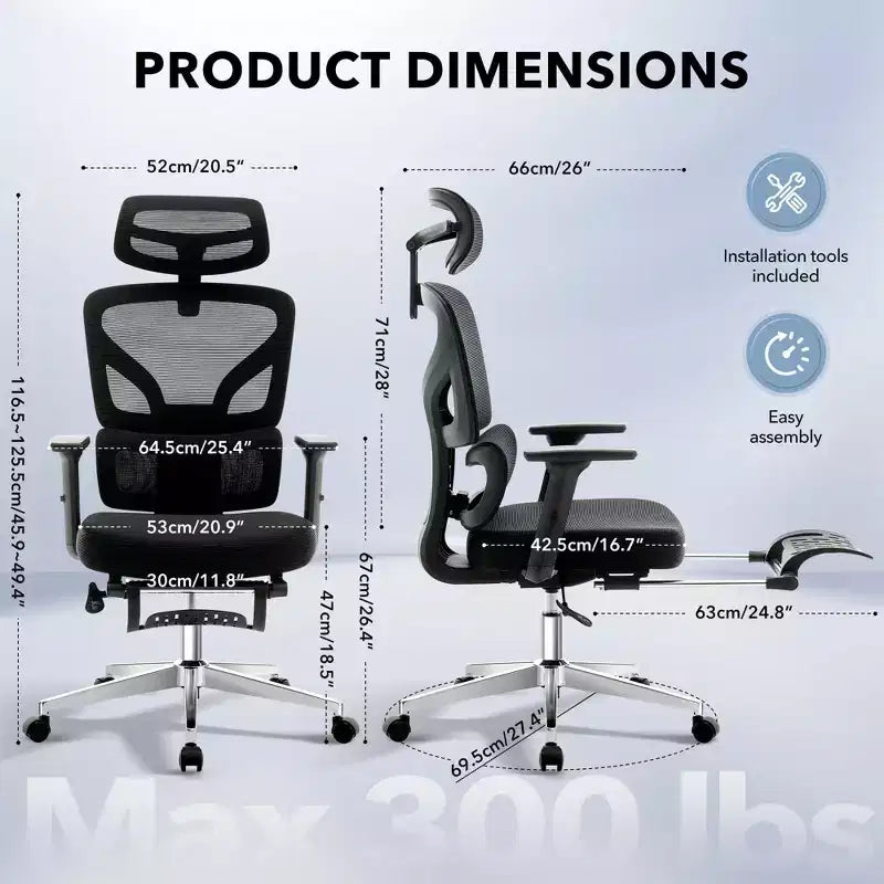 Chaise de bureau ergonomique - Chaise de bureau en maille avec support lombaire, chaise de jeu d'ordinateur à dossier haut avec appuie-tête, chaises de travail pivotantes à roulettes
