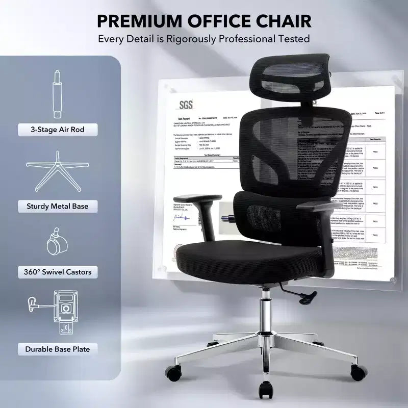 Chaise de bureau ergonomique - Chaise de bureau en maille avec support lombaire, chaise de jeu d'ordinateur à dossier haut avec appuie-tête, chaises de travail pivotantes à roulettes