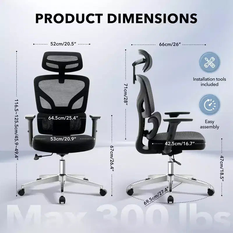 Chaise de bureau ergonomique - Chaise de bureau en maille avec support lombaire, chaise de jeu d'ordinateur à dossier haut avec appuie-tête, chaises de travail pivotantes à roulettes