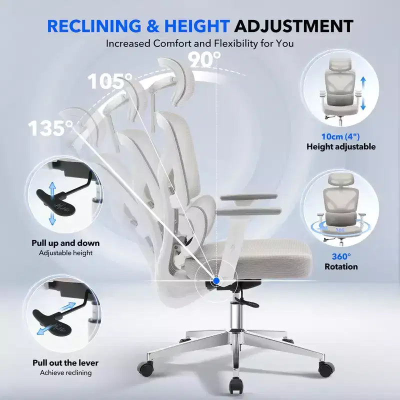 Chaise de bureau ergonomique - Chaise de bureau en maille avec support lombaire, chaise de jeu d'ordinateur à dossier haut avec appuie-tête, chaises de travail pivotantes à roulettes