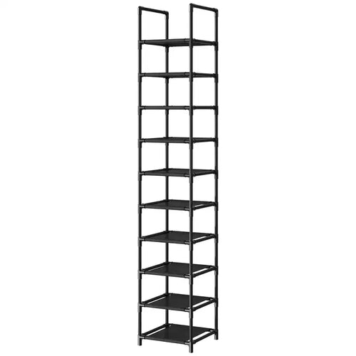 10-Tier Narrow Shoe Rack Organizer, Space-Saving Vertical Shoe Shelf with Metal Frame & Fabric Shelves for Entryway or Bedroom, Black