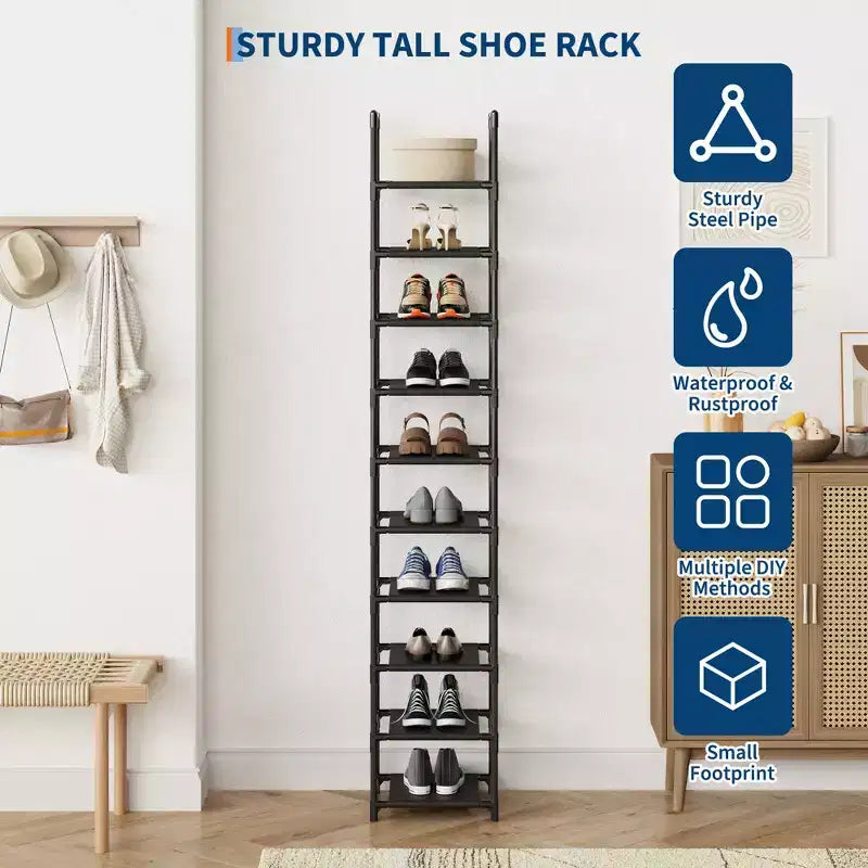 Organisateur de rangement à chaussures étroit à 10 niveaux, étagère à chaussures verticale peu encombrante avec cadre en métal et étagères en tissu pour entrée ou chambre à coucher, noir