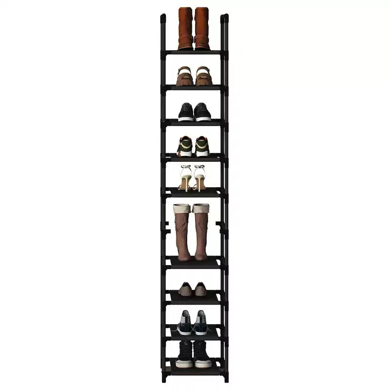 Organisateur de rangement à chaussures étroit à 10 niveaux, étagère à chaussures verticale peu encombrante avec cadre en métal et étagères en tissu pour entrée ou chambre à coucher, noir