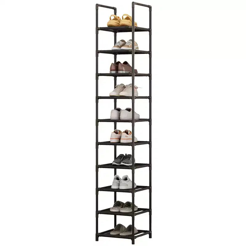 Organisateur de rangement à chaussures étroit à 10 niveaux, étagère à chaussures verticale peu encombrante avec cadre en métal et étagères en tissu pour entrée ou chambre à coucher, noir