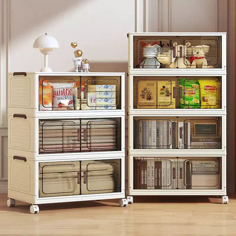 AEELLEEA Boîtes de rangement empilables et pliables, meuble de rangement pliable avec portes et roulettes, organiseur de placard pour appartement, maison, dortoir, bureau
