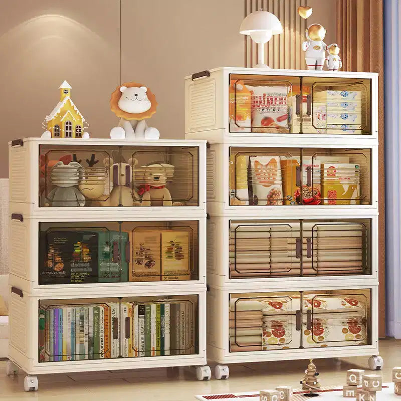 AEELLEEA Boîtes de rangement empilables et pliables, meuble de rangement pliable avec portes et roulettes, organiseur de placard pour appartement, maison, dortoir, bureau
