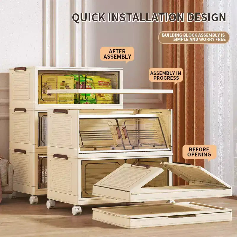 AEELLEEA Boîtes de rangement empilables et pliables, meuble de rangement pliable avec portes et roulettes, organiseur de placard pour appartement, maison, dortoir, bureau