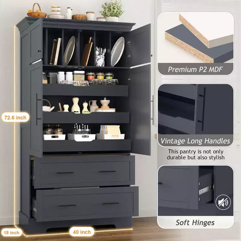 GDFStudio Ares, grand garde-manger de cuisine autoportant à 4 portes de 184,4 cm avec plateaux coulissants et grands tiroirs
