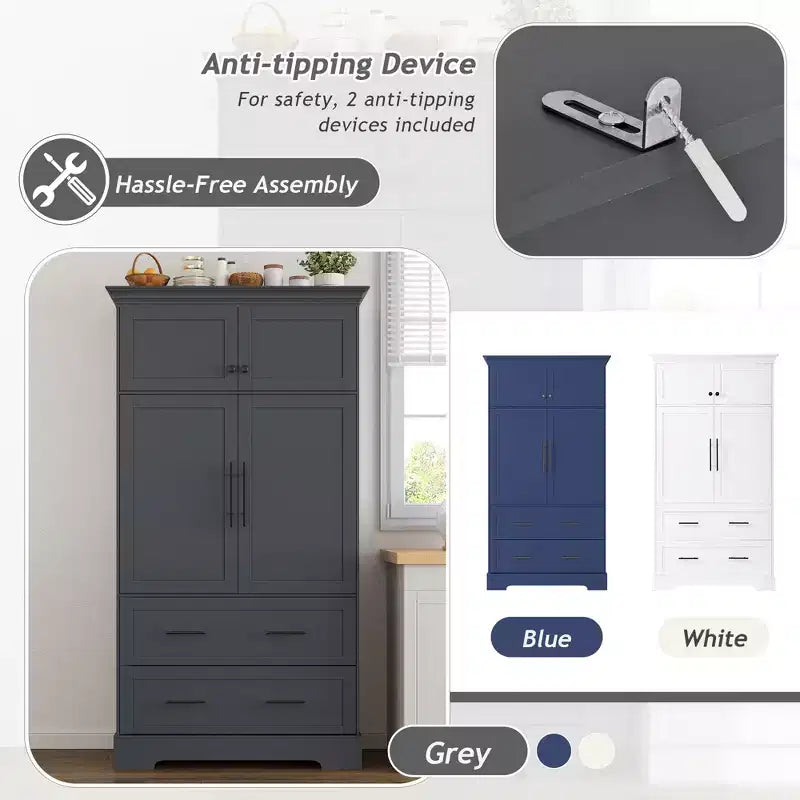 GDFStudio Ares, grand garde-manger de cuisine autoportant à 4 portes de 184,4 cm avec plateaux coulissants et grands tiroirs