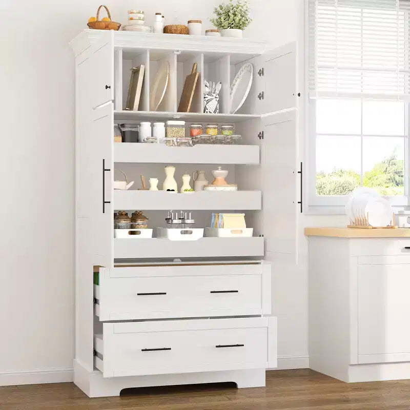 GDFStudio Ares, grand garde-manger de cuisine autoportant à 4 portes de 184,4 cm avec plateaux coulissants et grands tiroirs