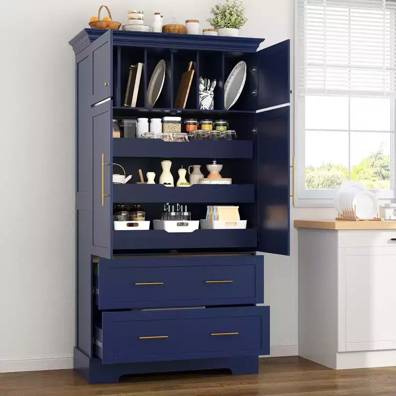 GDFStudio Ares, grand garde-manger de cuisine autoportant à 4 portes de 184,4 cm avec plateaux coulissants et grands tiroirs