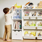 GOTGELIF Étagère à Livres 4-en-1 pour Enfants avec Bacs de Rangement et Tiroirs à Roulettes - Organisateur de Jouets Montessori pour Salle de Jeux et Chambre