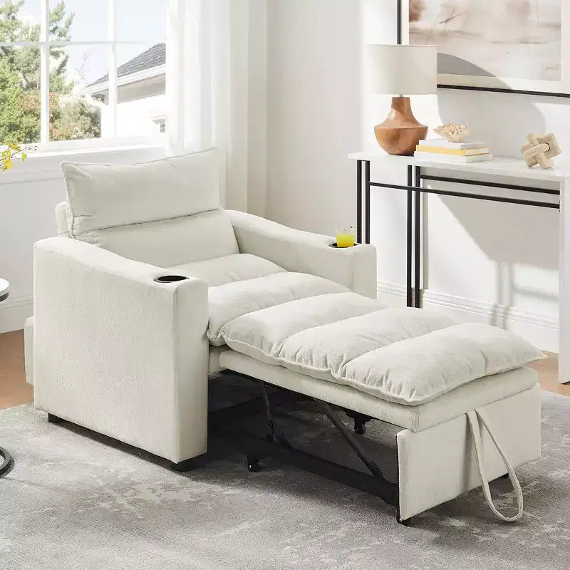 Fauteuil Convertible FurnitureR avec Lit Extensible et Porte-Gobelets, Fauteuil-Lit en Velours Litchi pour Salon, Chambre d'amis ou Petit Espace, Crème