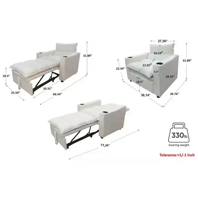Fauteuil Convertible FurnitureR avec Lit Extensible et Porte-Gobelets, Fauteuil-Lit en Velours Litchi pour Salon, Chambre d'amis ou Petit Espace, Crème