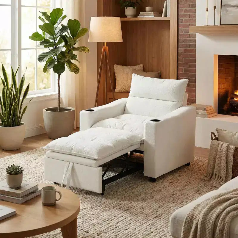 Fauteuil Convertible FurnitureR avec Lit Extensible et Porte-Gobelets, Fauteuil-Lit en Velours Litchi pour Salon, Chambre d'amis ou Petit Espace, Crème