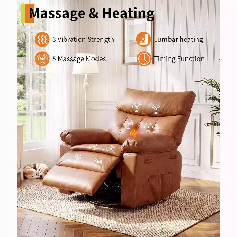 Fauteuil inclinable pivotant et basculant en cuir PU DobleePy de 21,26 pouces, base ronde pivotante à 360°, fonction massage et chauffage, canapé simple pour salon
