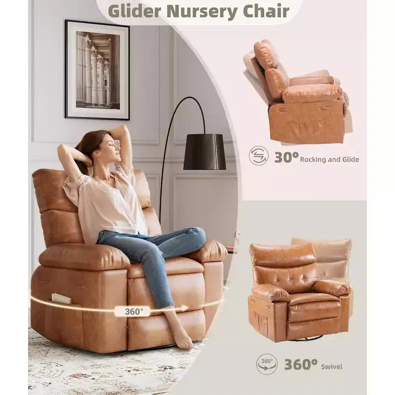 Fauteuil inclinable pivotant et basculant en cuir PU DobleePy de 21,26 pouces, base ronde pivotante à 360°, fonction massage et chauffage, canapé simple pour salon