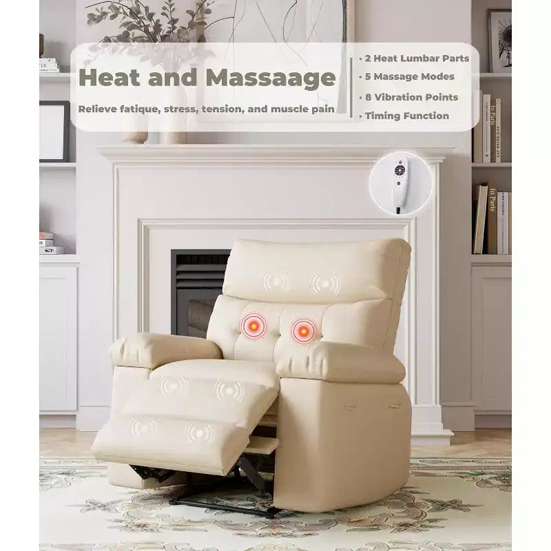 Fauteuil inclinable pivotant et basculant en cuir PU DobleePy de 21,26 pouces, base ronde pivotante à 360°, fonction massage et chauffage, canapé simple pour salon