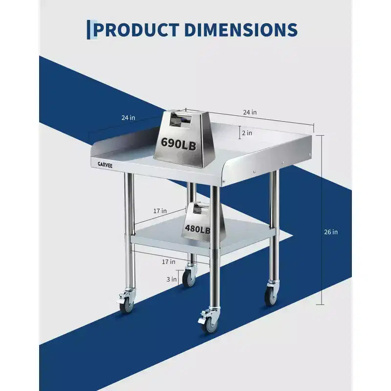 Table de Travail en Acier Inoxydable Robuste avec Roues - Rebord Amovible sur 3 Côtés, Étagère Inférieure Réglable, Station de Préparation Utilitaire pour Restaurant, Cuisine
