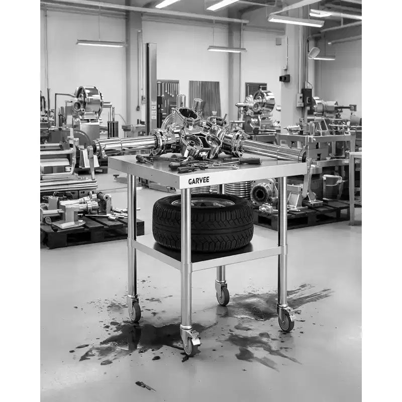 Table de Travail en Acier Inoxydable Robuste avec Roues - Rebord Amovible sur 3 Côtés, Étagère Inférieure Réglable, Station de Préparation Utilitaire pour Restaurant, Cuisine
