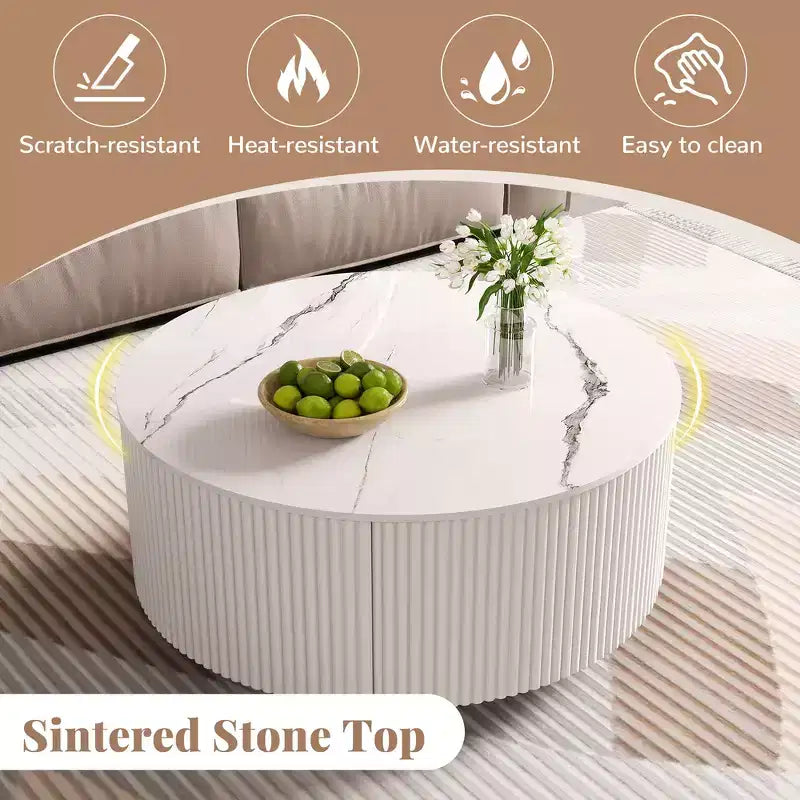 Table basse ronde moderne Whisen avec plateau en pierre frittée, 2 tiroirs et roulettes