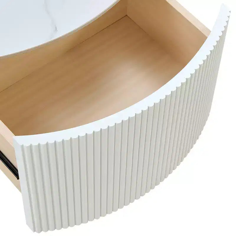 Table basse ronde moderne Whisen avec plateau en pierre frittée, 2 tiroirs et roulettes