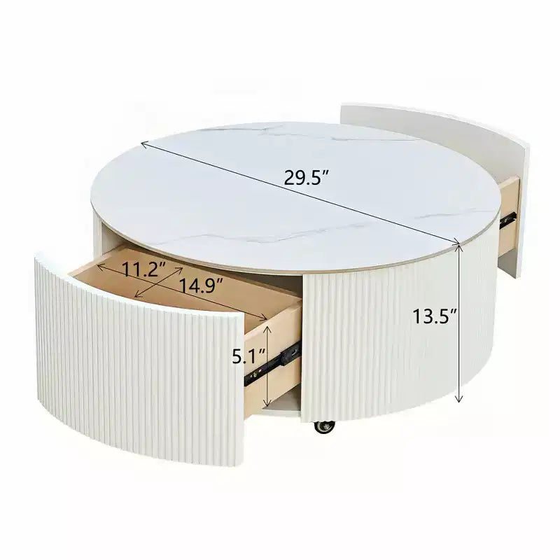 Table basse ronde moderne Whisen avec plateau en pierre frittée, 2 tiroirs et roulettes