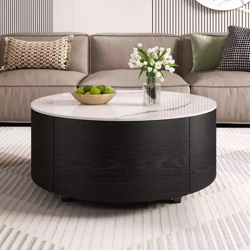 Table basse ronde moderne Whisen avec plateau en pierre frittée, 2 tiroirs et roulettes