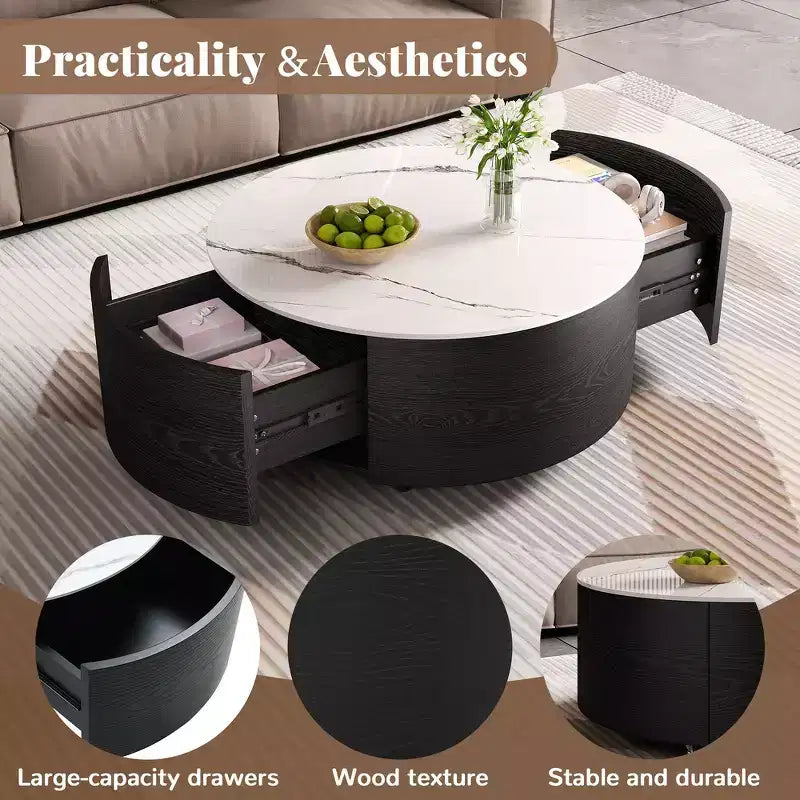 Table basse ronde moderne Whisen avec plateau en pierre frittée, 2 tiroirs et roulettes