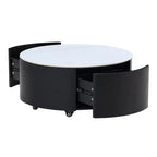 Table basse ronde moderne Whisen avec plateau en pierre frittée, 2 tiroirs et roulettes