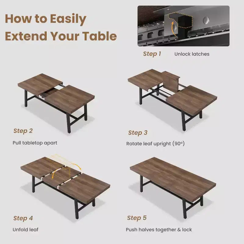 Table à manger industrielle extensible 63-83 po pour 6-8 personnes - Table de cuisine extensible avec cadre en métal robuste pour salle à manger, cuisine et fêtes