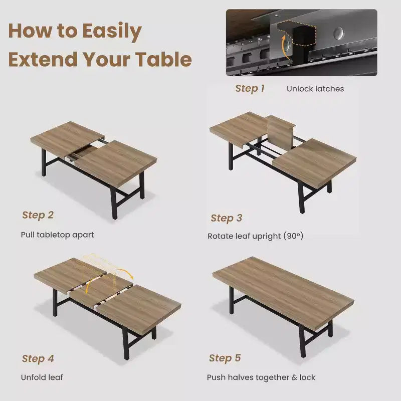 Table à manger industrielle extensible 63-83 po pour 6-8 personnes - Table de cuisine extensible avec cadre en métal robuste pour salle à manger, cuisine et fêtes