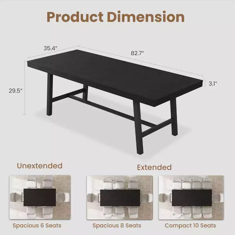 Table à manger industrielle extensible 63-83 po pour 6-8 personnes - Table de cuisine extensible avec cadre en métal robuste pour salle à manger, cuisine et fêtes