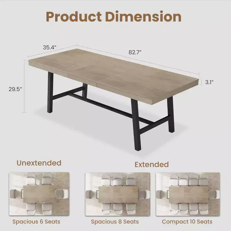 Table à manger industrielle extensible 63-83 po pour 6-8 personnes - Table de cuisine extensible avec cadre en métal robuste pour salle à manger, cuisine et fêtes