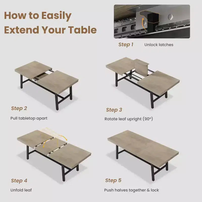 Table à manger industrielle extensible 63-83 po pour 6-8 personnes - Table de cuisine extensible avec cadre en métal robuste pour salle à manger, cuisine et fêtes