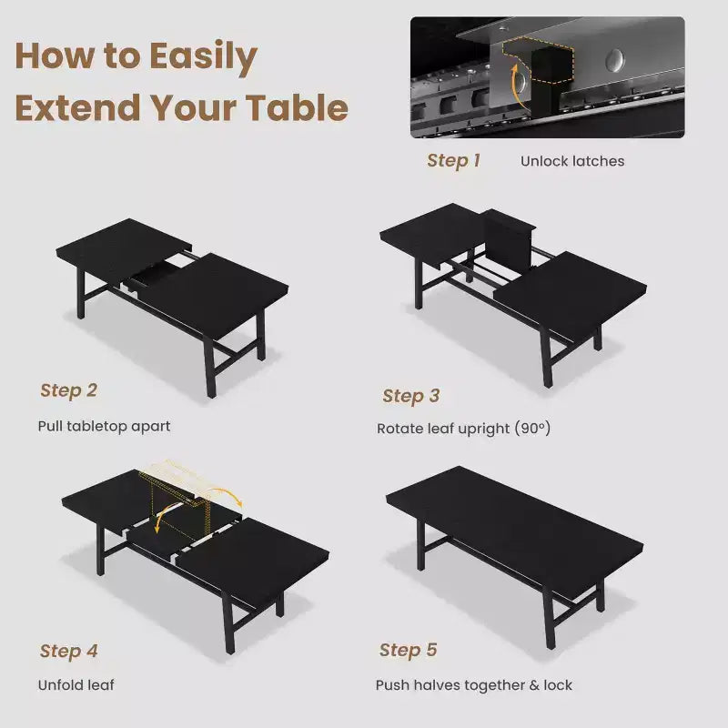 Table à manger industrielle extensible 63-83 po pour 6-8 personnes - Table de cuisine extensible avec cadre en métal robuste pour salle à manger, cuisine et fêtes