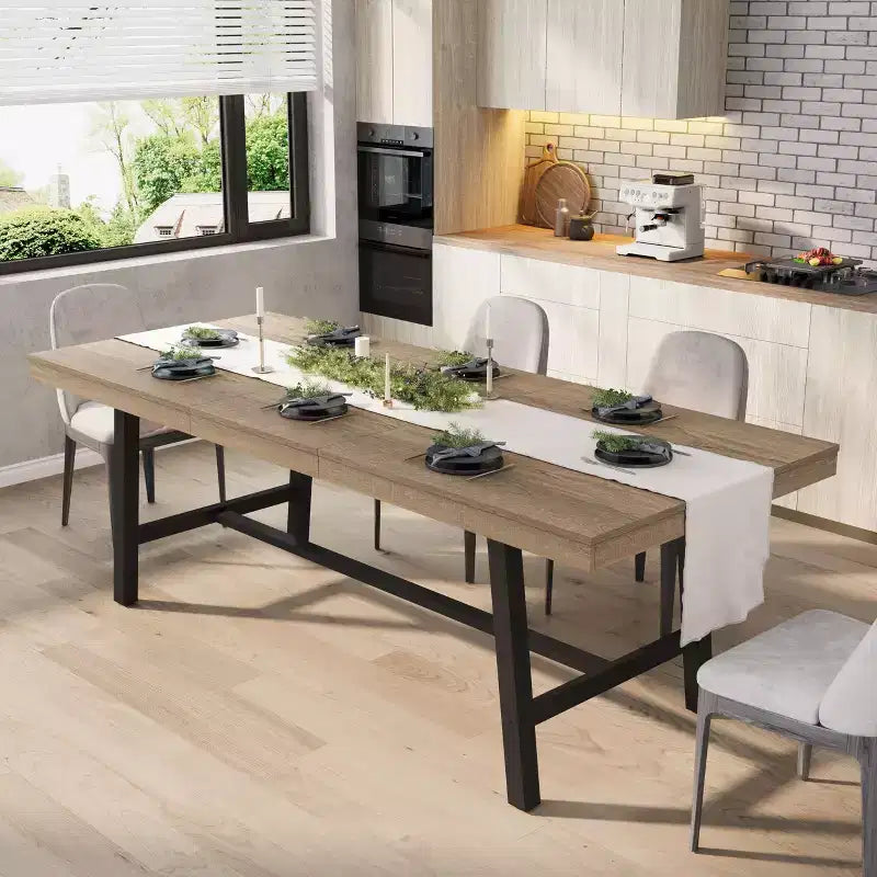 Table à manger industrielle extensible 63-83 po pour 6-8 personnes - Table de cuisine extensible avec cadre en métal robuste pour salle à manger, cuisine et fêtes